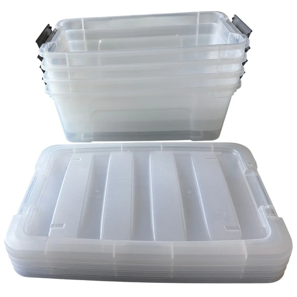 Set of 4 Clear Plastic Storage Bins with Latching Lids Gray Handles Stackable